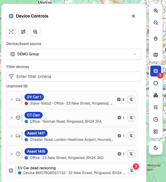 Device Controls panel showing the pin control