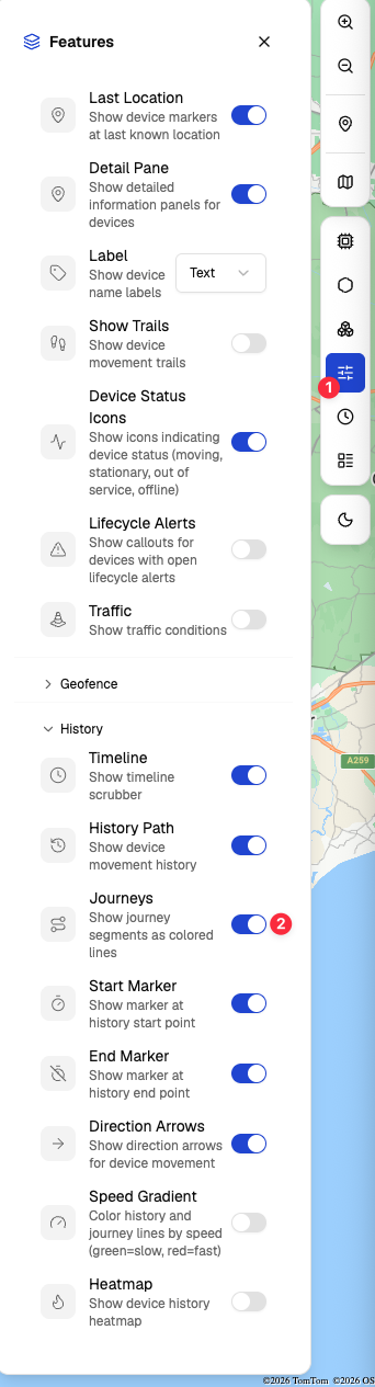 Features panel with Journeys enabled