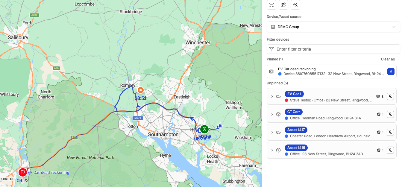 Pinned asset and today's movements shown on the map