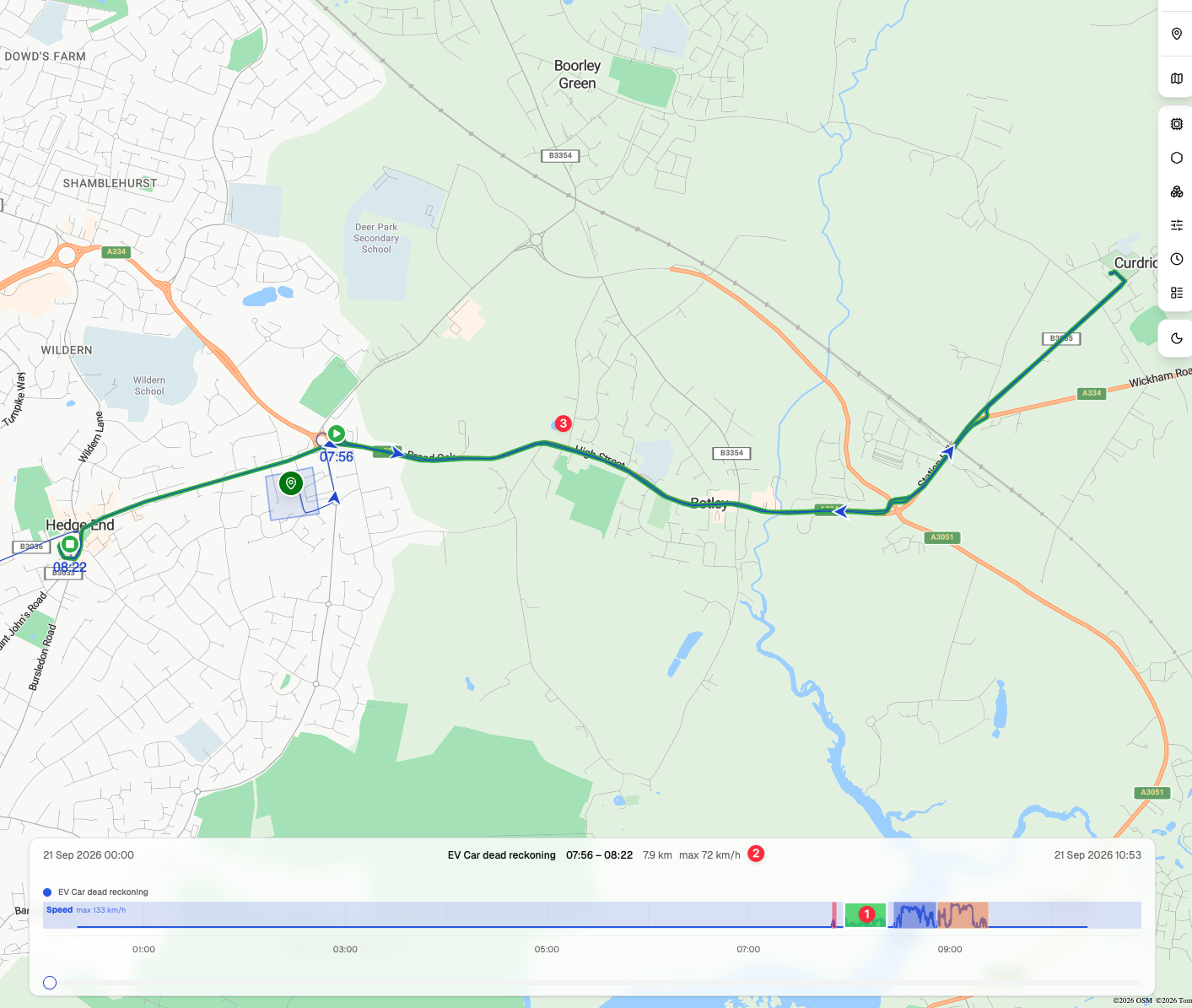 Selected timeline journey and its matching route on the map