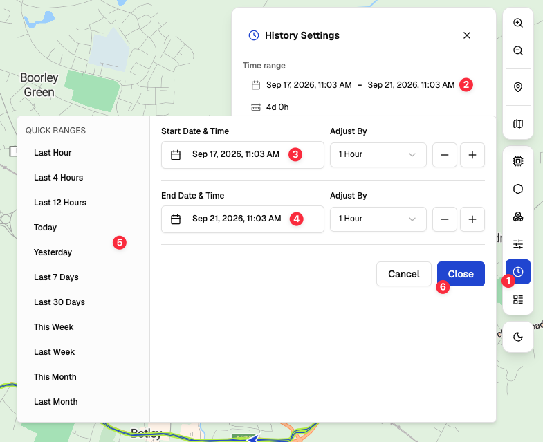 Historical data time range picker with numbered controls