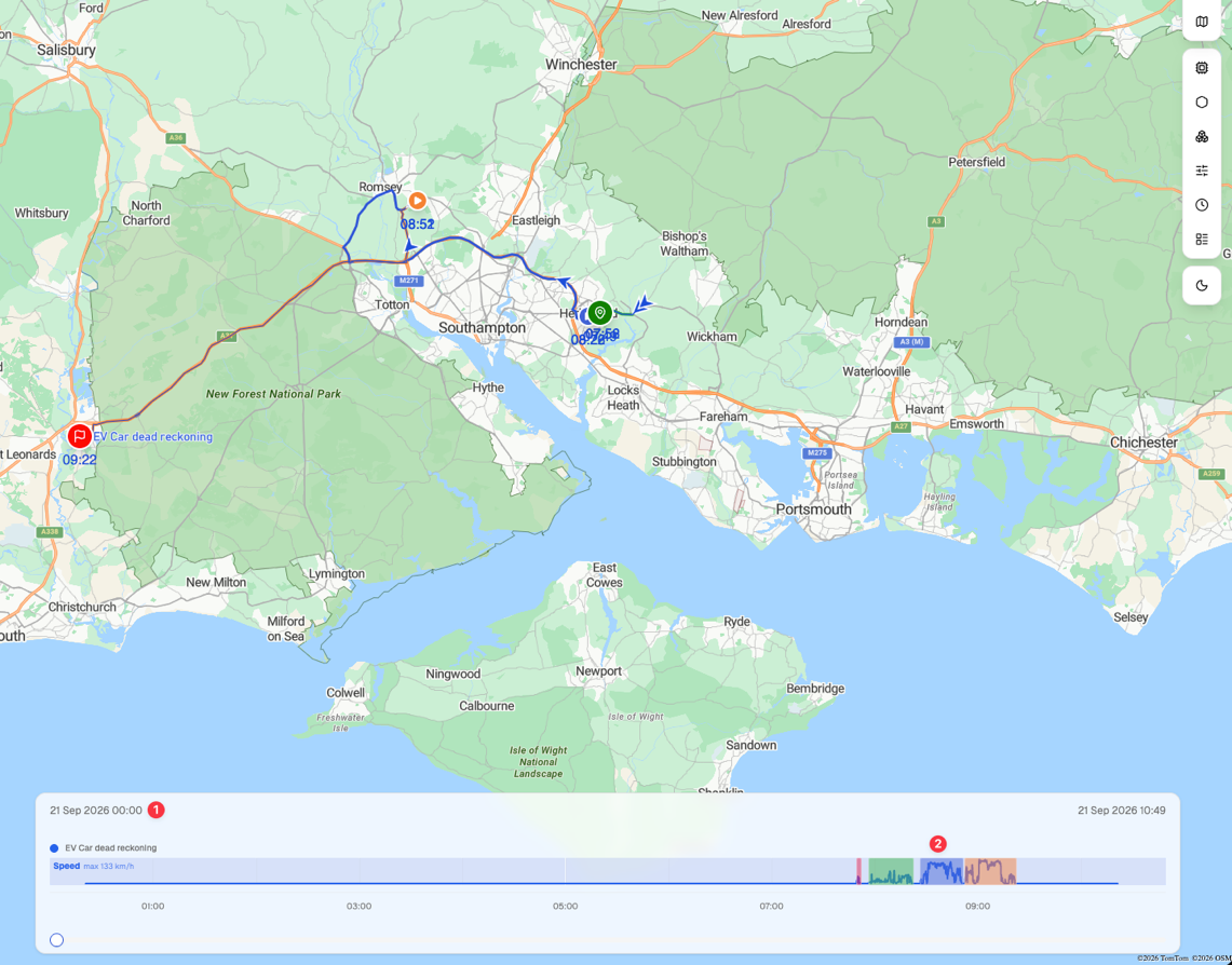 Timeline showing the start date, end time and coloured journey boxes