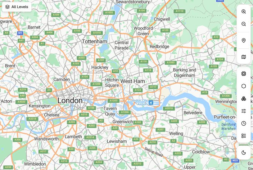 Connect map centred on London with the map-control toolbar displayed on the right