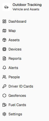 Connect Outdoor Tracking navigation with Dashboard, Map, Assets, Devices, Reports and other menu items