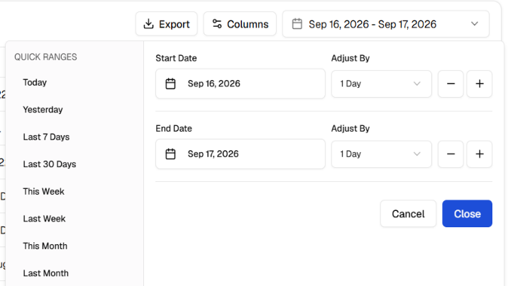 Detailed Trips date picker with quick ranges, start date, end date and Close button