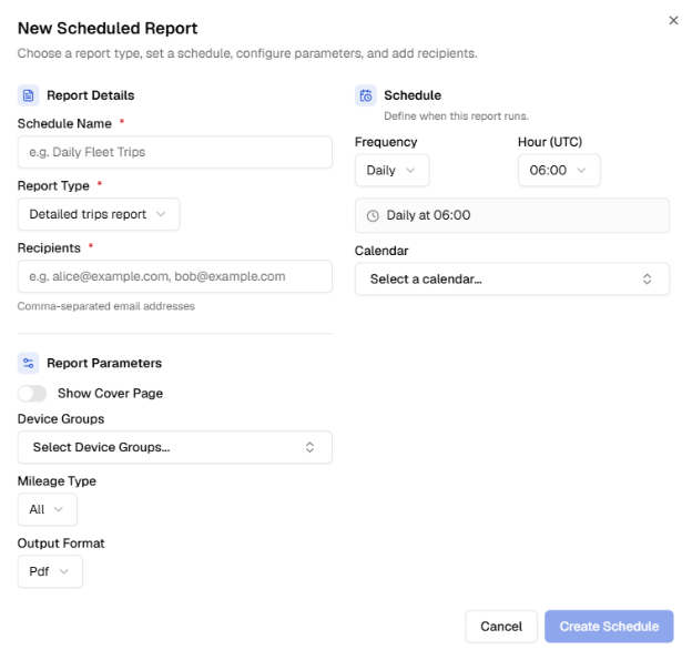 New Scheduled Report form configured for Detailed Trips