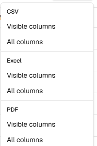 Export menu offering CSV, Excel and PDF with visible-columns and all-columns options