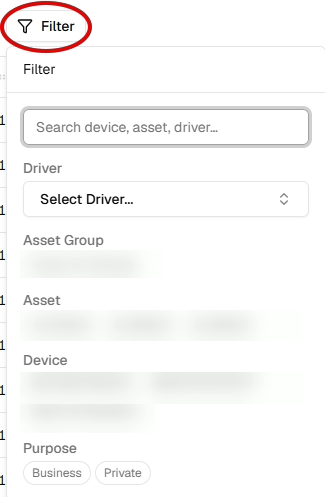 Detailed Trips Filter panel with customer data blurred