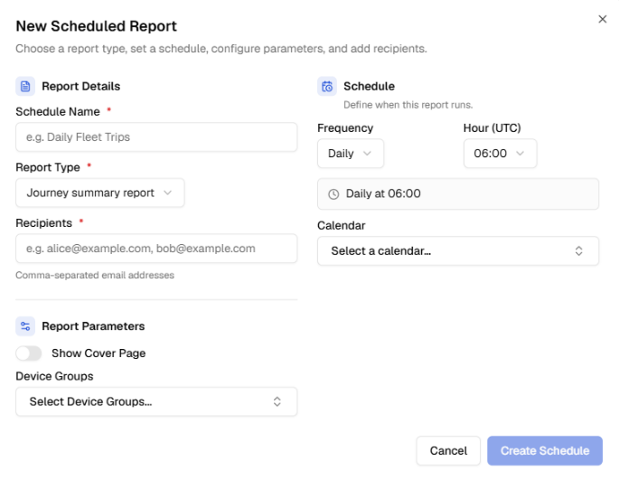 New Scheduled Report form configured for Journey Summary
