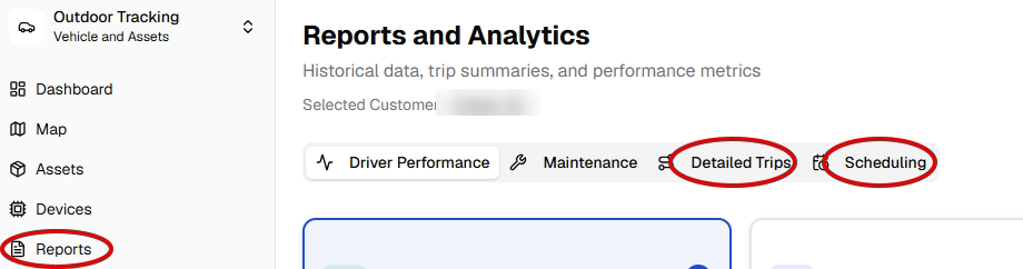 Reports and Analytics page with Reports, Detailed Trips and Scheduling circled in red