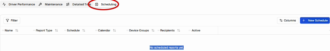 Scheduling page with Scheduling circled in red and the New Schedule button
